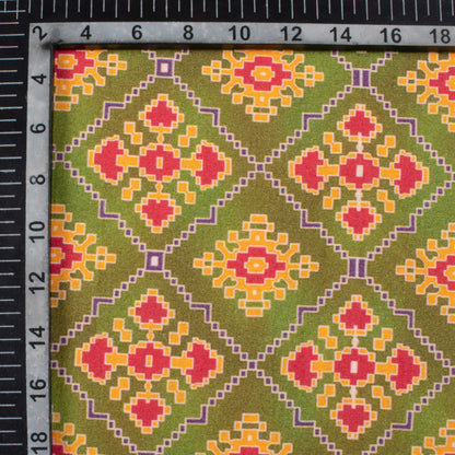Olive Green And Red Patolaa Pattern Digital Print Viscose Rayon Fabric (Width 58 Inches)