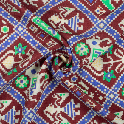 Coffee Brown And Paris Green Patolaa Pattern Digital Print Viscose Rayon Fabric (Width 58 Inches)