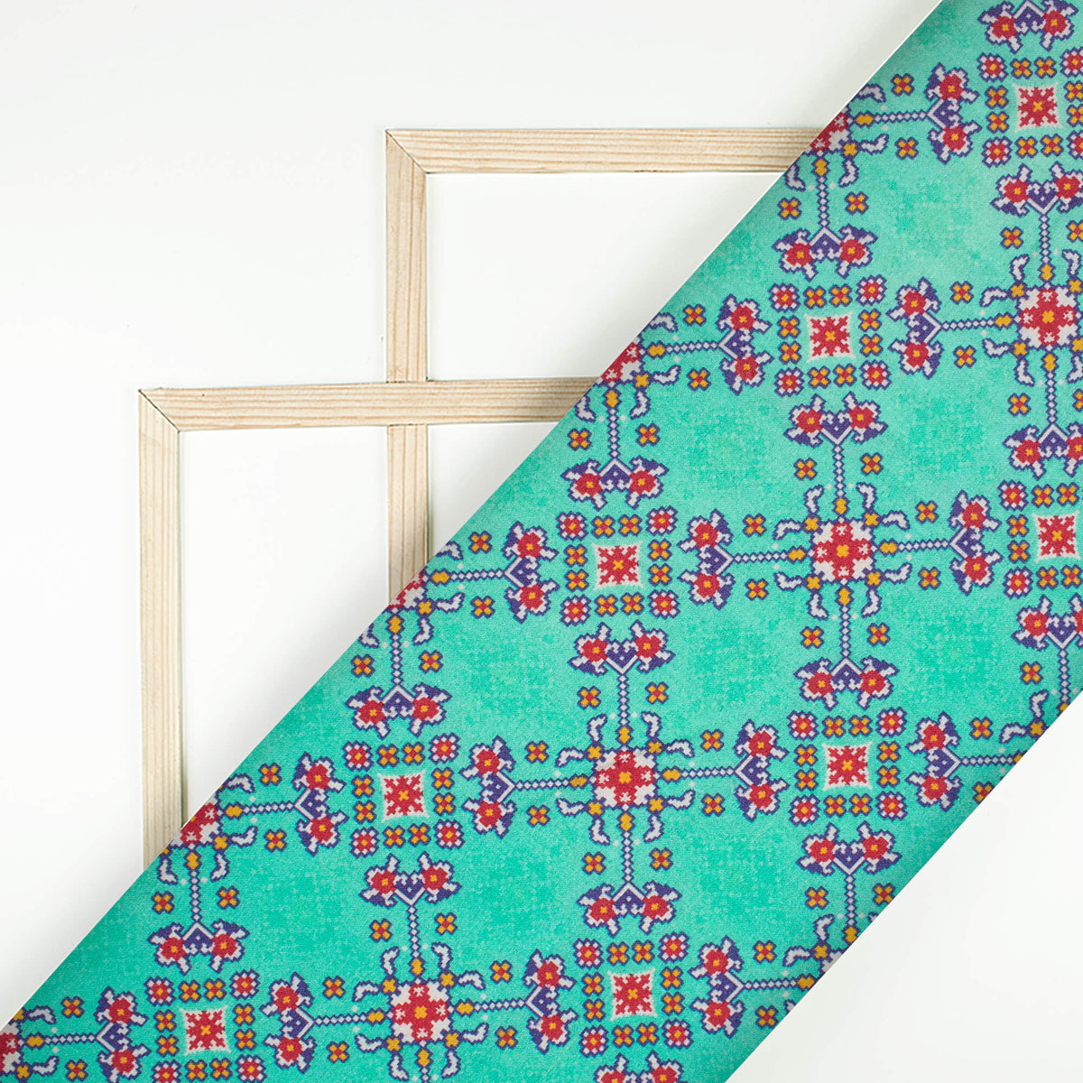 Turquoise And Sangria Red Patolaa Pattern Digital Print Viscose Rayon Fabric (Width 58 Inches)