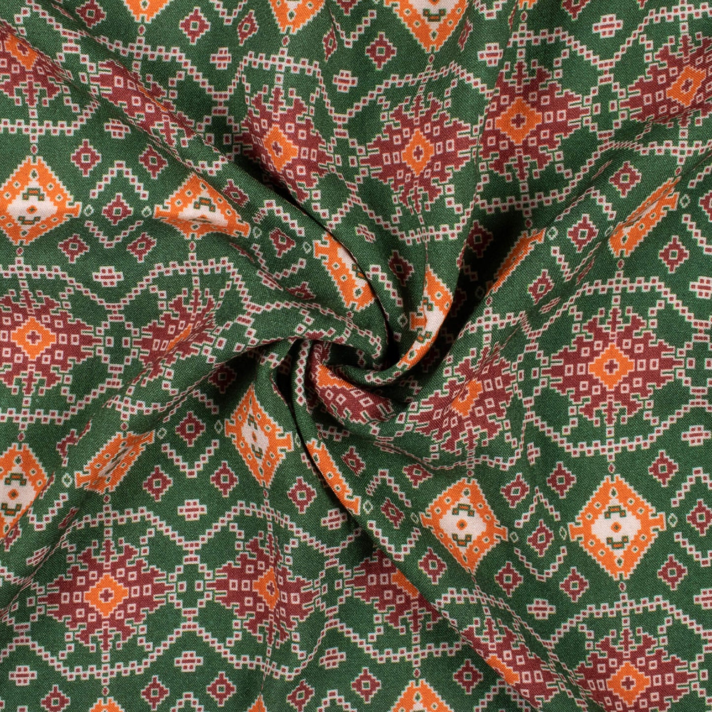 Forest Green And Ginger Orange Patola Pattern Digital Print Viscose Rayon Fabric (Width 58 Inches)