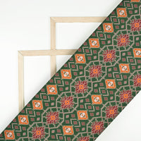 Forest Green And Ginger Orange Patolaa Pattern Digital Print Viscose Rayon Fabric (Width 58 Inches)