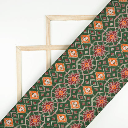 Forest Green And Ginger Orange Patolaa Pattern Digital Print Viscose Rayon Fabric (Width 58 Inches)