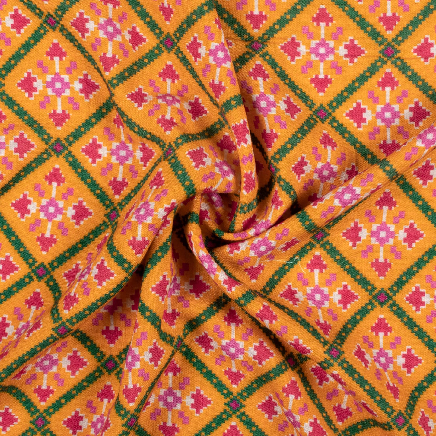 Sunrise Orange And Magenta Pink Patola Pattern Digital Print Viscose Rayon Fabric (Width 58 Inches)