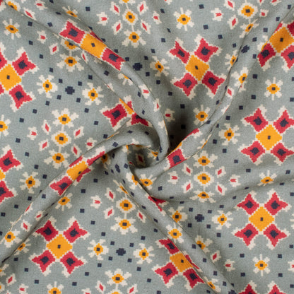 Pewter Grey And Sunrise Orange Patolaa Pattern Digital Print Viscose Rayon Fabric (Width 58 Inches)