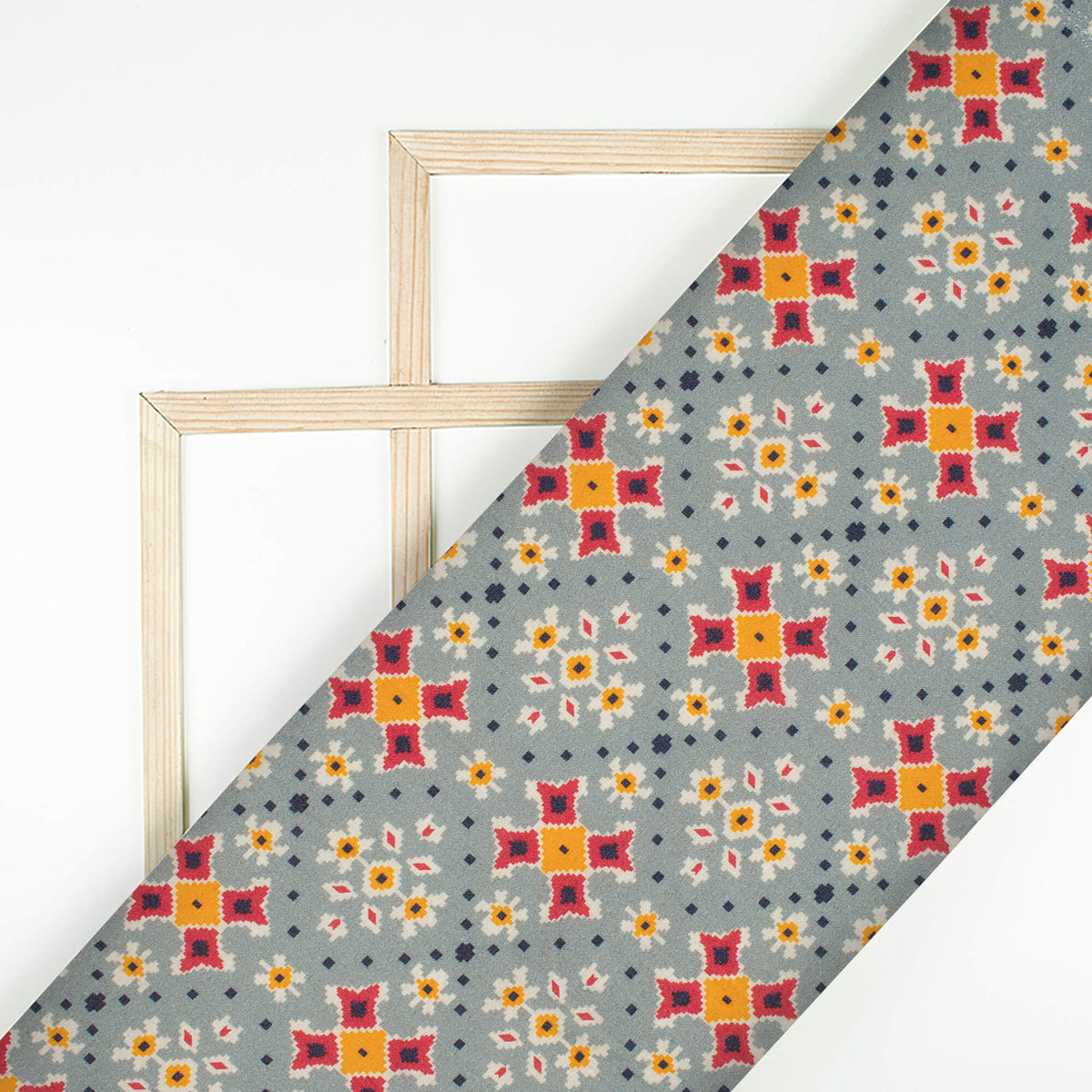 Pewter Grey And Sunrise Orange Patolaa Pattern Digital Print Viscose Rayon Fabric (Width 58 Inches)