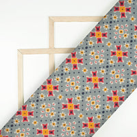 Pewter Grey And Sunrise Orange Patolaa Pattern Digital Print Viscose Rayon Fabric (Width 58 Inches)