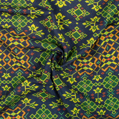Prussian Blue And Pear Green Patolaa Pattern Digital Print Viscose Rayon Fabric (Width 58 Inches)