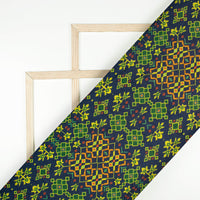 Prussian Blue And Pear Green Patolaa Pattern Digital Print Viscose Rayon Fabric (Width 58 Inches)