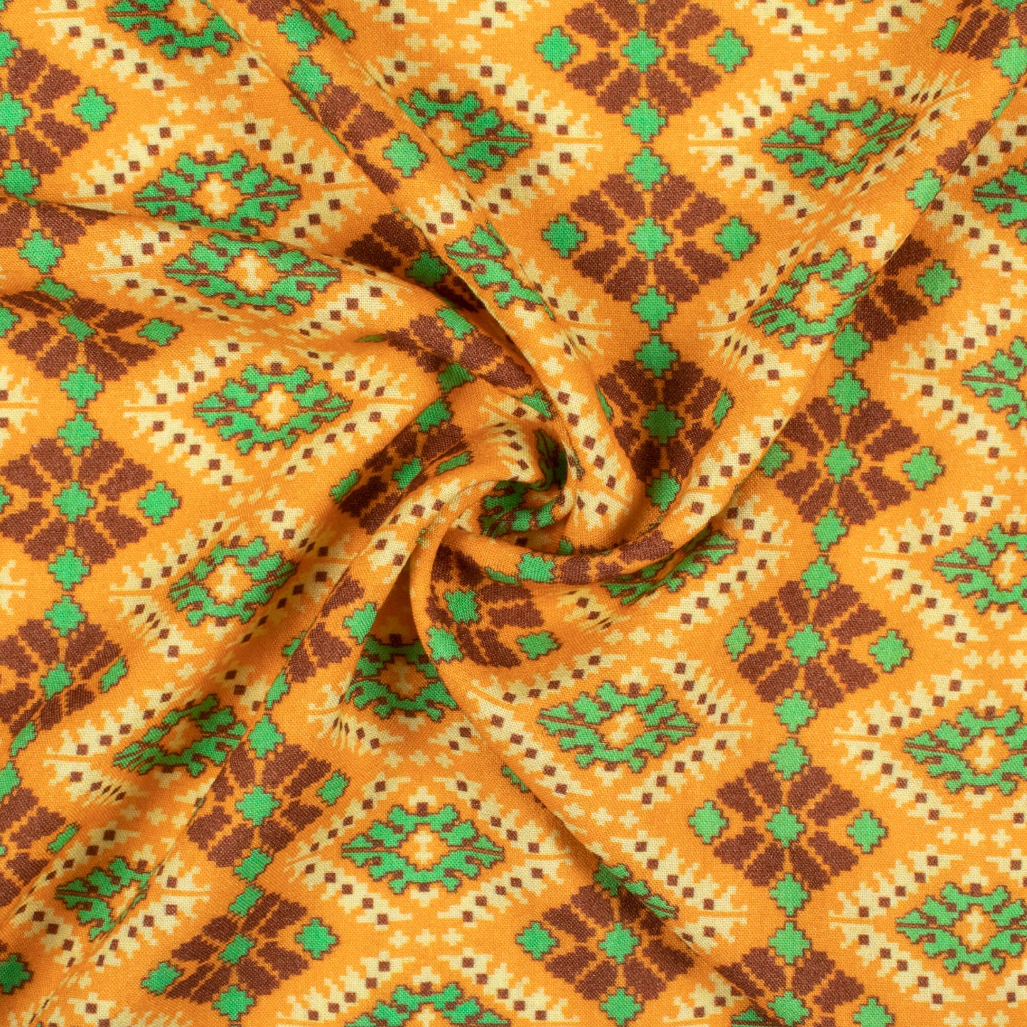 Merigold Orange And Fern Green Patola Pattern Digital Print Viscose Rayon Fabric (Width 58 Inches)