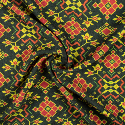 Dark Green And Vermilion Red Patolaa Pattern Digital Print Viscose Rayon Fabric (Width 58 Inches)