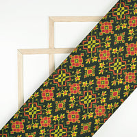 Dark Green And Vermilion Red Patolaa Pattern Digital Print Viscose Rayon Fabric (Width 58 Inches)