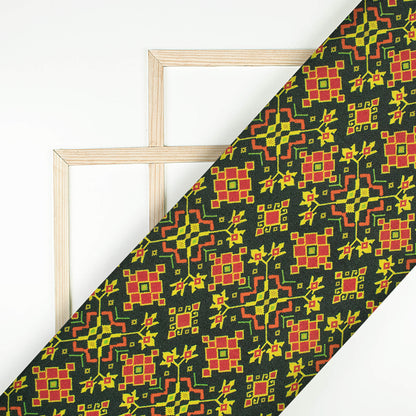 Dark Green And Vermilion Red Patolaa Pattern Digital Print Viscose Rayon Fabric (Width 58 Inches)