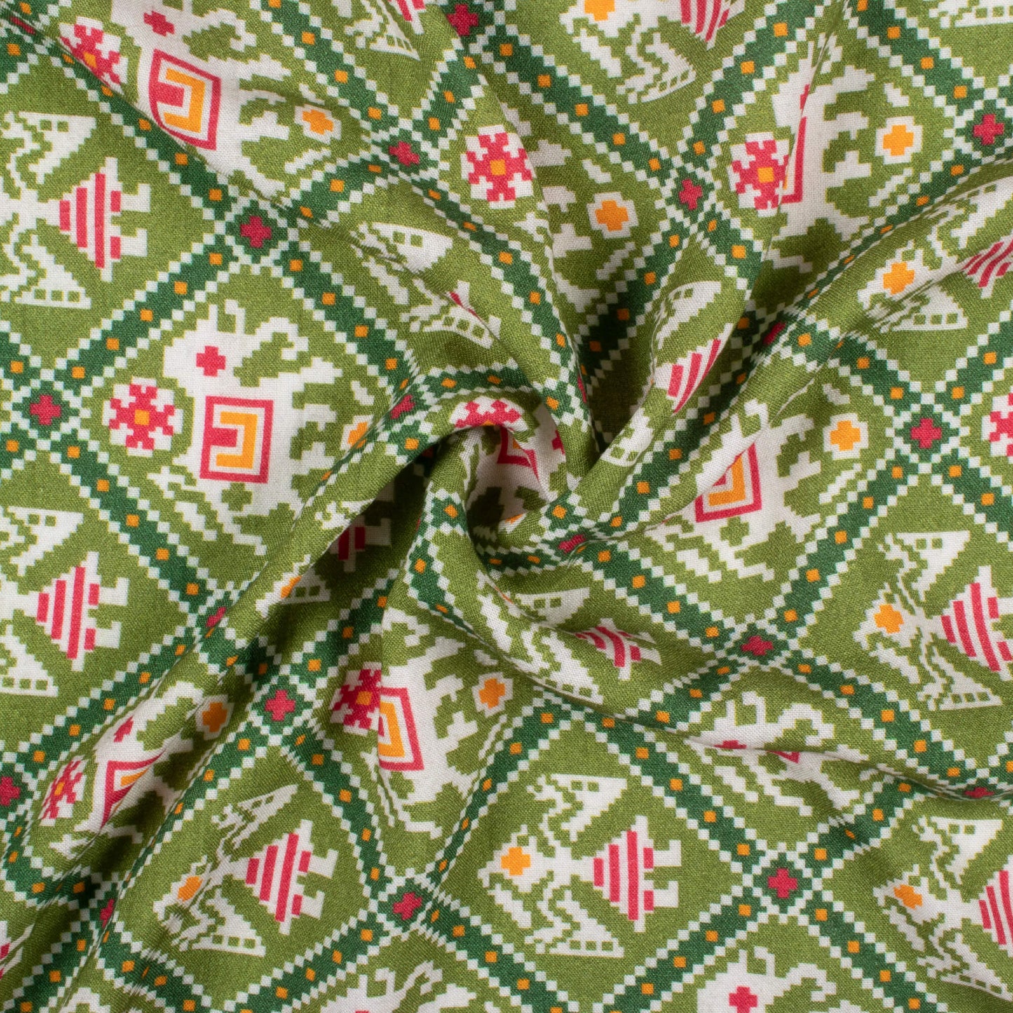 Pickle Green And White Patola Pattern Digital Print Viscose Rayon Fabric (Width 58 Inches)