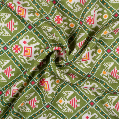 Pickle Green And White Patolaa Pattern Digital Print Viscose Rayon Fabric (Width 58 Inches)