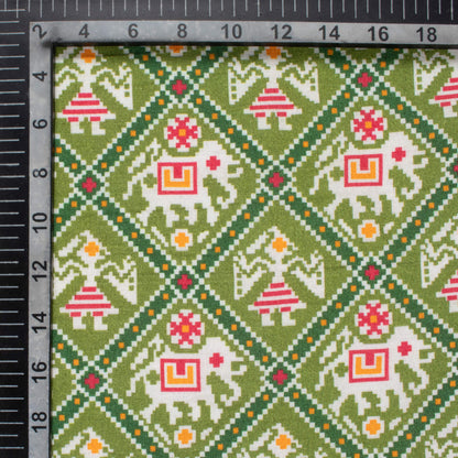 Pickle Green And White Patolaa Pattern Digital Print Viscose Rayon Fabric (Width 58 Inches)