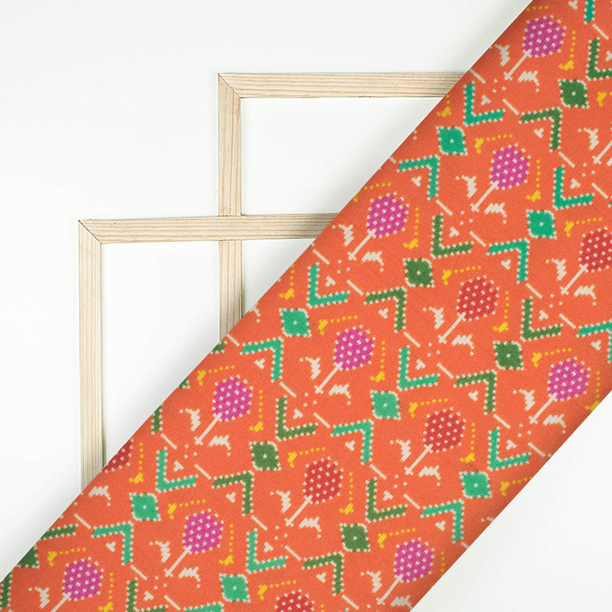 Burnt Orange And Paris Green Patola Pattern Digital Print Viscose Rayon Fabric (Width 58 Inches)