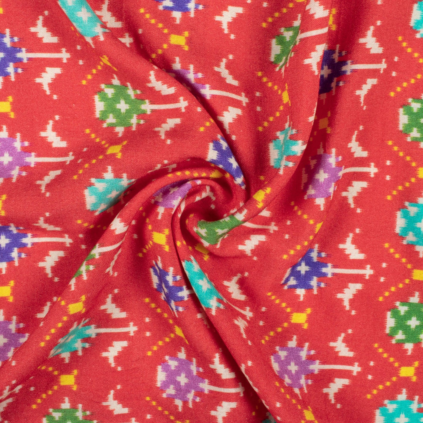 Vermilion Red And Blue Patola Pattern Digital Print Viscose Rayon Fabric (Width 58 Inches)