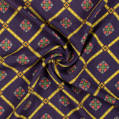 Oxford Blue And Dijon Yellow Patolaa Pattern Digital Print Viscose Rayon Fabric (Width 58 Inches)