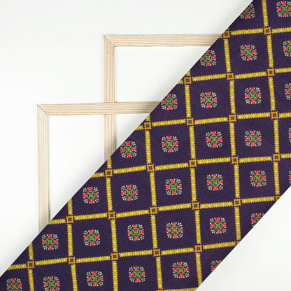 Oxford Blue And Dijon Yellow Patolaa Pattern Digital Print Viscose Rayon Fabric (Width 58 Inches)