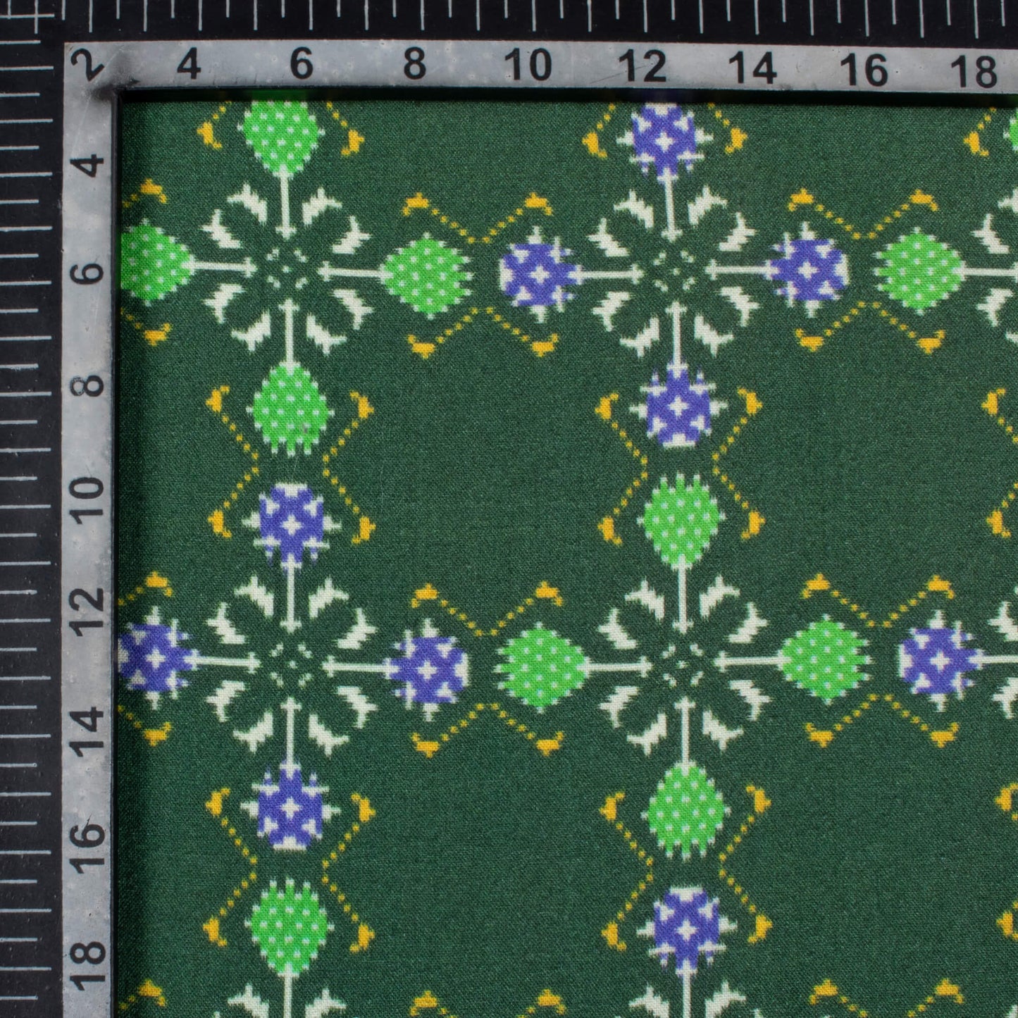 Forest Green And Royal Purple Patola Pattern Digital Print Viscose Rayon Fabric (Width 58 Inches)