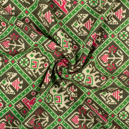 Seaweed Green And Magenta Purple Patolaa Pattern Digital Print Viscose Rayon Fabric (Width 58 Inches)