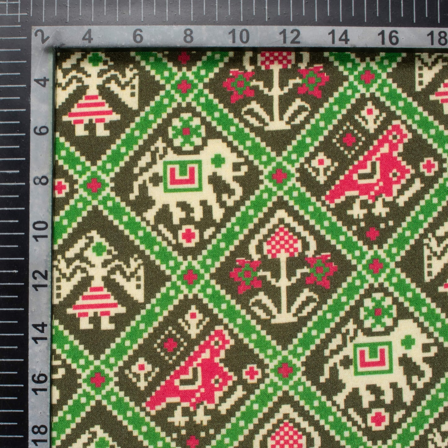 Seaweed Green And Magenta Purple Patola Pattern Digital Print Viscose Rayon Fabric (Width 58 Inches)