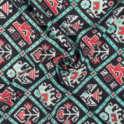 Black And Sky Blue Patolaa Pattern Digital Print Viscose Rayon Fabric (Width 58 Inches)