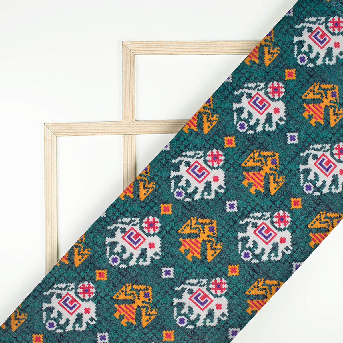 Pine Green And White Patola Pattern Digital Print Viscose Rayon Fabric (Width 58 Inches)