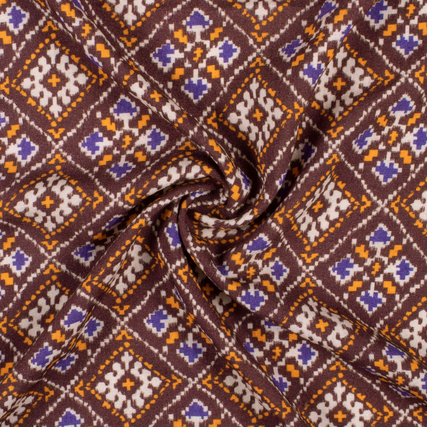Dark Brown And Royal Orange Patola Pattern Digital Print Viscose Rayon Fabric (Width 58 Inches)