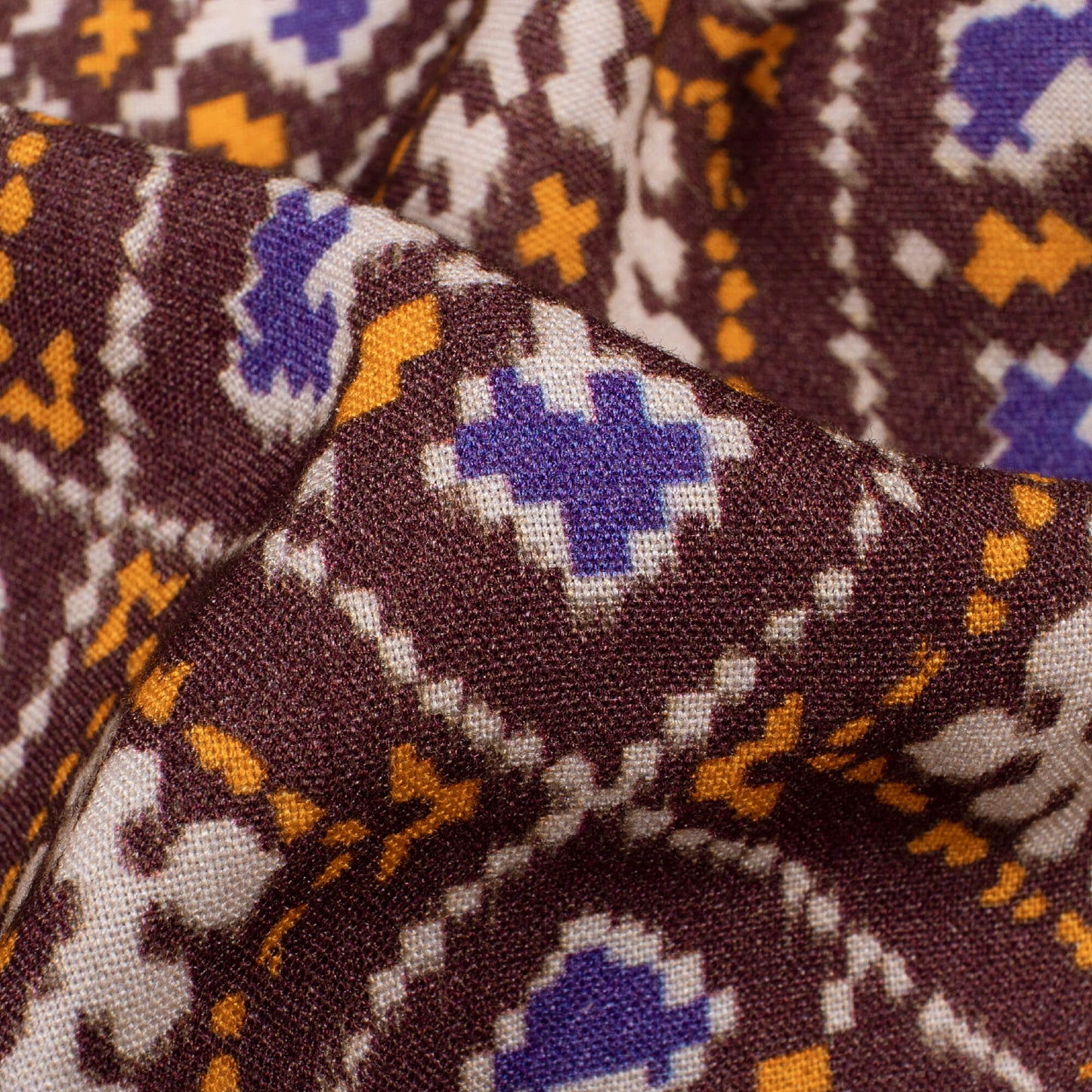 Dark Brown And Royal Orange Patola Pattern Digital Print Viscose Rayon Fabric (Width 58 Inches)