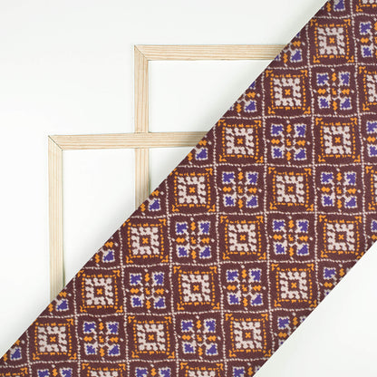 Dark Brown And Royal Orange Patolaa Pattern Digital Print Viscose Rayon Fabric (Width 58 Inches)