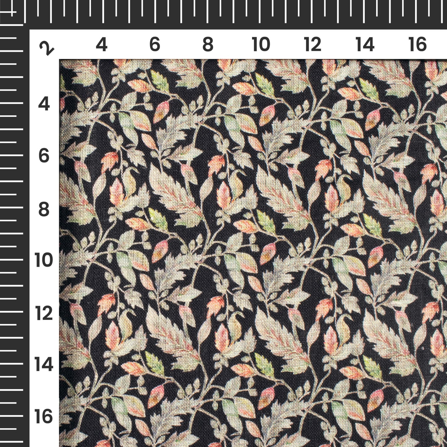 Black And Pale Green Leaf Pattern Digital Print Premium Swiss Linen Fabric