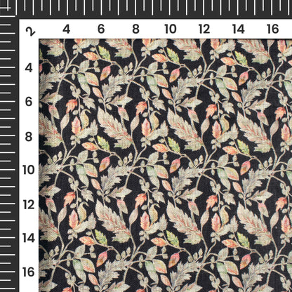 Black And Pale Green Leaf Pattern Digital Print Premium Swiss Linen Fabric