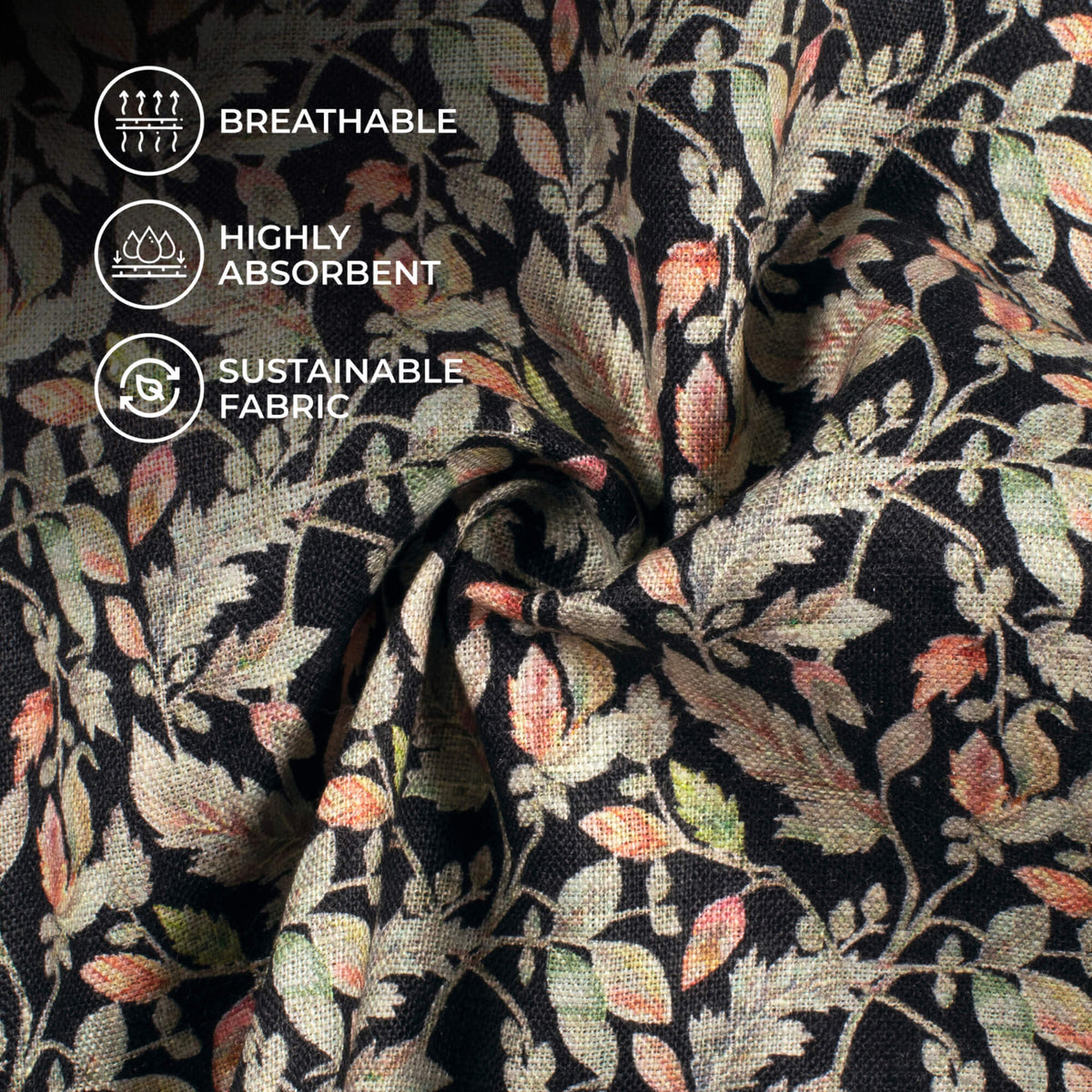 Black And Pale Green Leaf Pattern Digital Print Premium Pure Linen Fabric (Width 58 Inches)