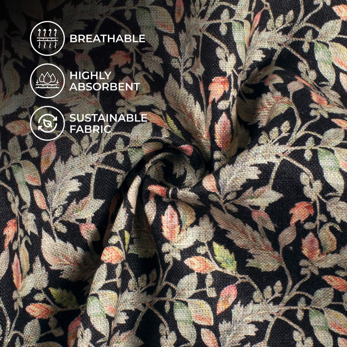 Black And Pale Green Leaf Pattern Digital Print Premium Swiss Linen Fabric