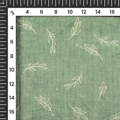 Laurel Green And White Leaf Pattern Digital Print Premium Swiss Linen Fabric