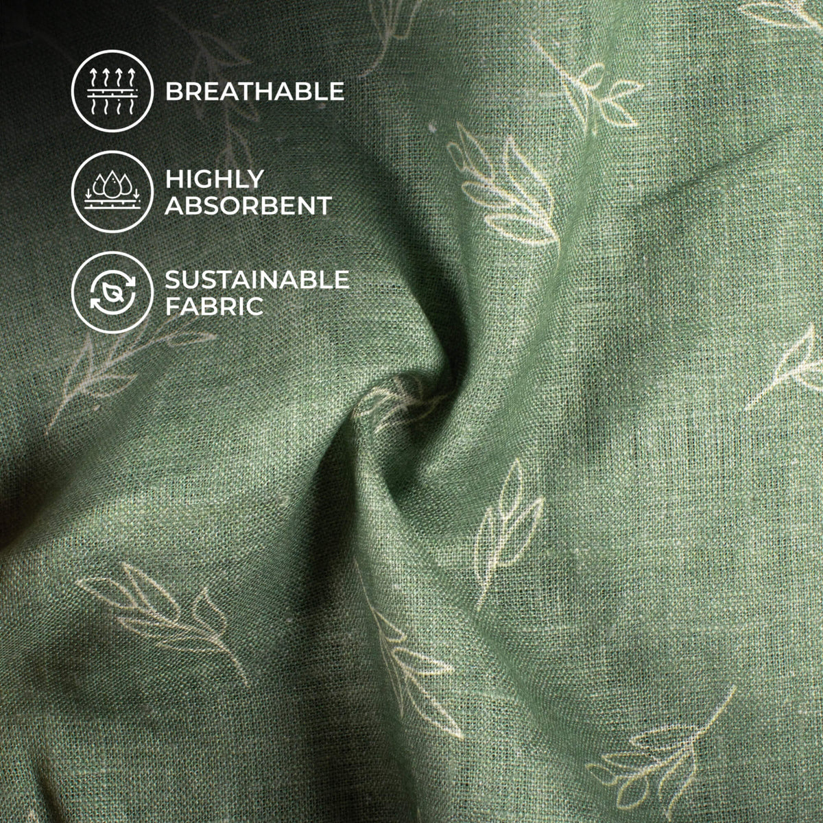Laurel Green And White Leaf Pattern Digital Print Premium Pure Linen Fabric (Width 58 Inches)