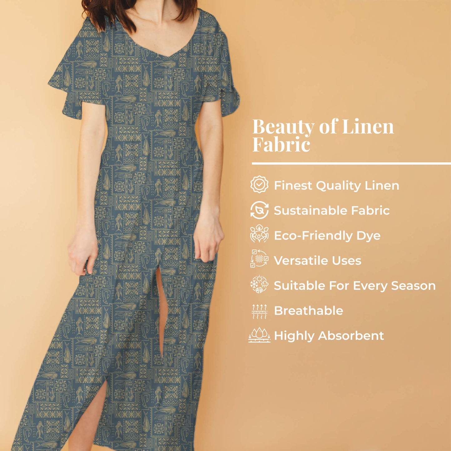 Slate Grey And Beige Quirky Pattern Digital Print Premium Swiss Linen Fabric