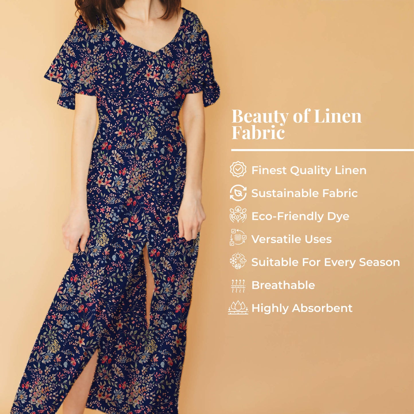 Navy Blue And Pink Floral Pattern Digital Print Premium Swiss Linen Fabric