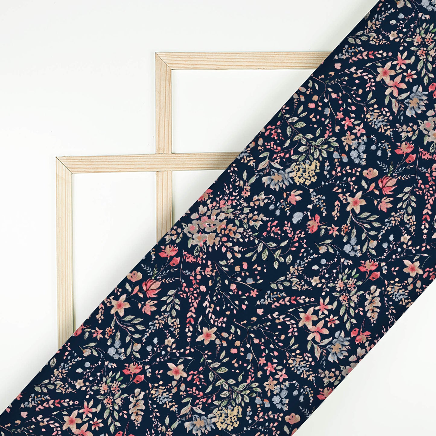 Navy Blue And Pink Floral Pattern Digital Print Premium Swiss Linen Fabric