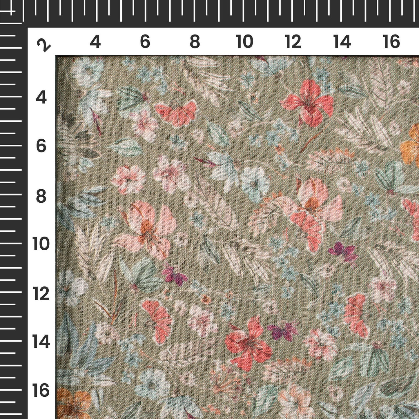 Sage Green And Indian Red Floral Pattern Digital Print Premium Swiss Linen Fabric