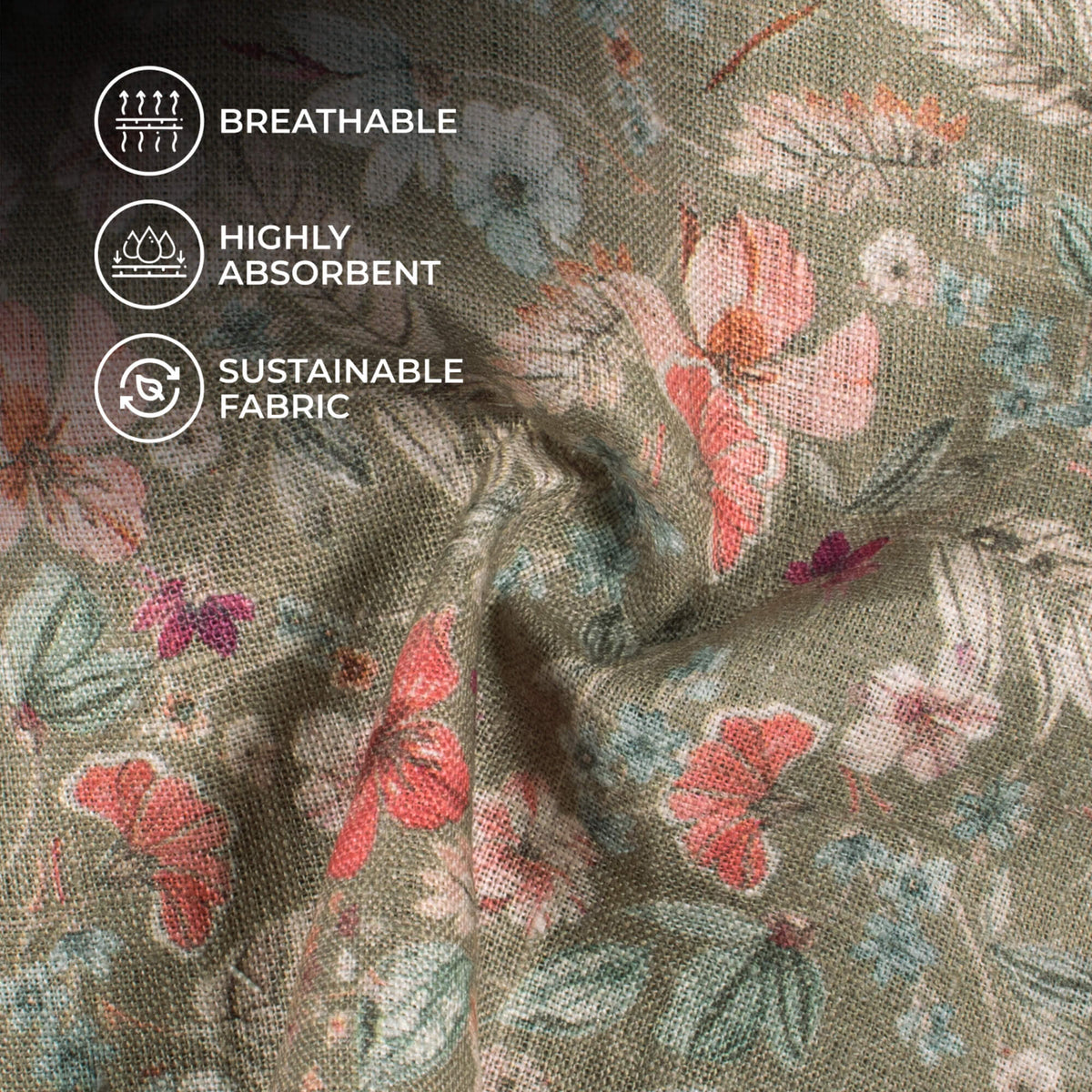 Sage Green And Indian Red Floral Pattern Digital Print Premium Pure Linen Fabric (Width 58 Inches)
