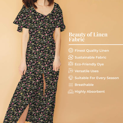Dark Green And China Pink Floral Pattern Digital Print Premium Swiss Linen Fabric