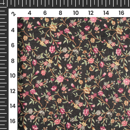 Dark Green And China Pink Floral Pattern Digital Print Premium Swiss Linen Fabric