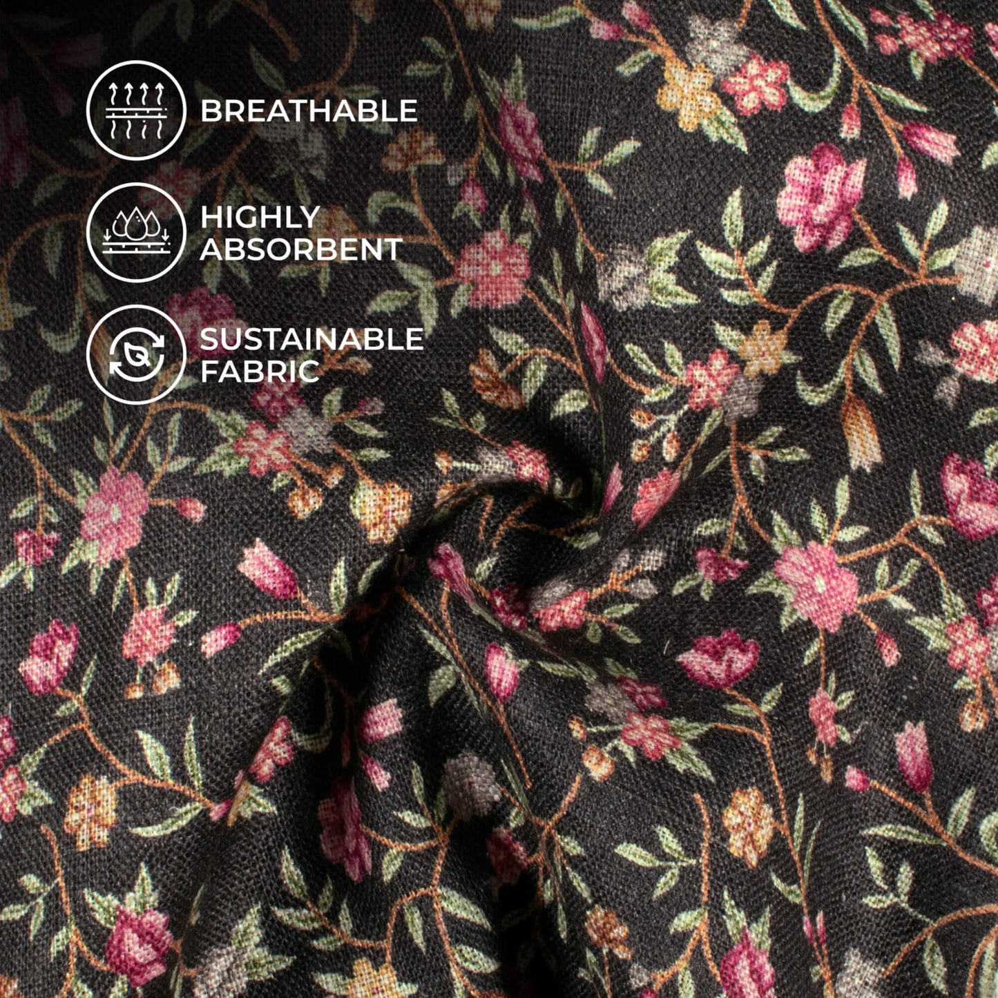Dark Green And China Pink Floral Pattern Digital Print Premium Swiss Linen Fabric