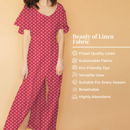 Hibiscus Red And Beige Booti Pattern Digital Print Premium Swiss Linen Fabric