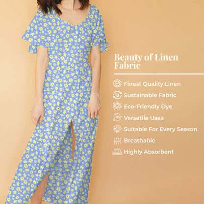 Carolina Blue And Corn Yellow Floral Pattern Digital Print Premium Swiss Linen Fabric