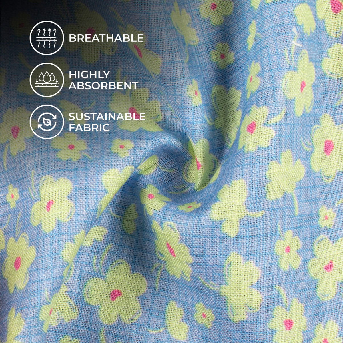 Carolina Blue And Corn Yellow Floral Pattern Digital Print Premium Pure Linen Fabric (Width 58 Inches)