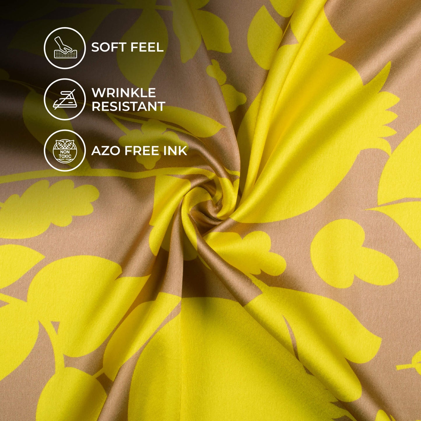 Saddle Brown And Lemon Yellow Floral Pattern Digital Print Japan Satin Fabric