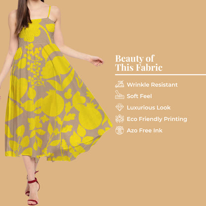 Saddle Brown And Lemon Yellow Floral Pattern Digital Print Japan Satin Fabric